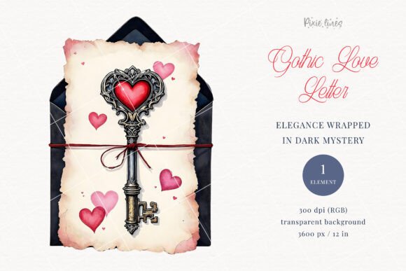 Gothic Love Letter with Key Clipart: Dark Elegance for Creative Projects